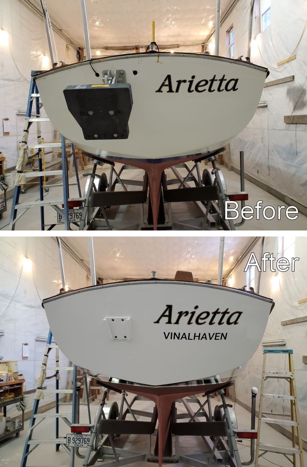 Arietta's transom before and after the refit