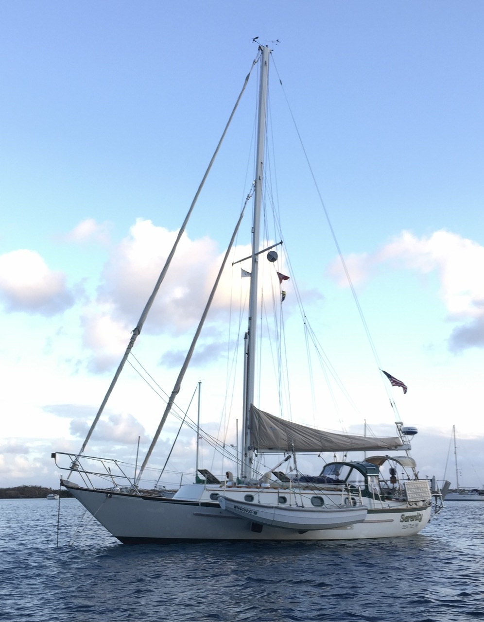 SV Serenity with nesting dinghy USVI April 2019.