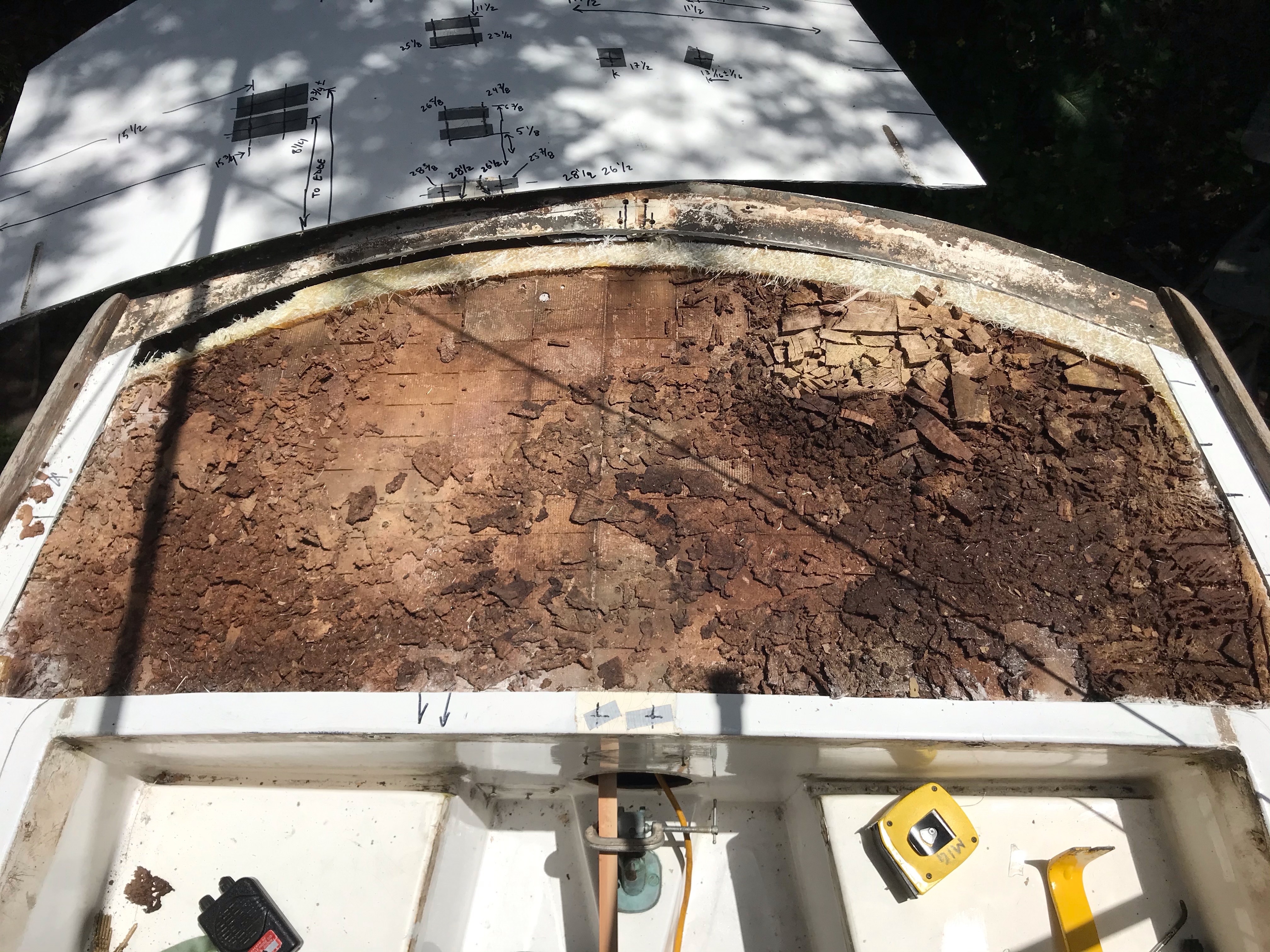 deck skin removed and punky core exposed.