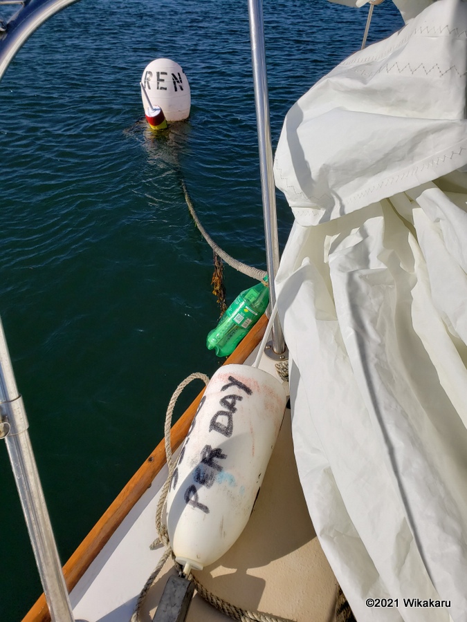 You pay for the moorings by putting your money in a Sprite bottle tied to the pickup buoy