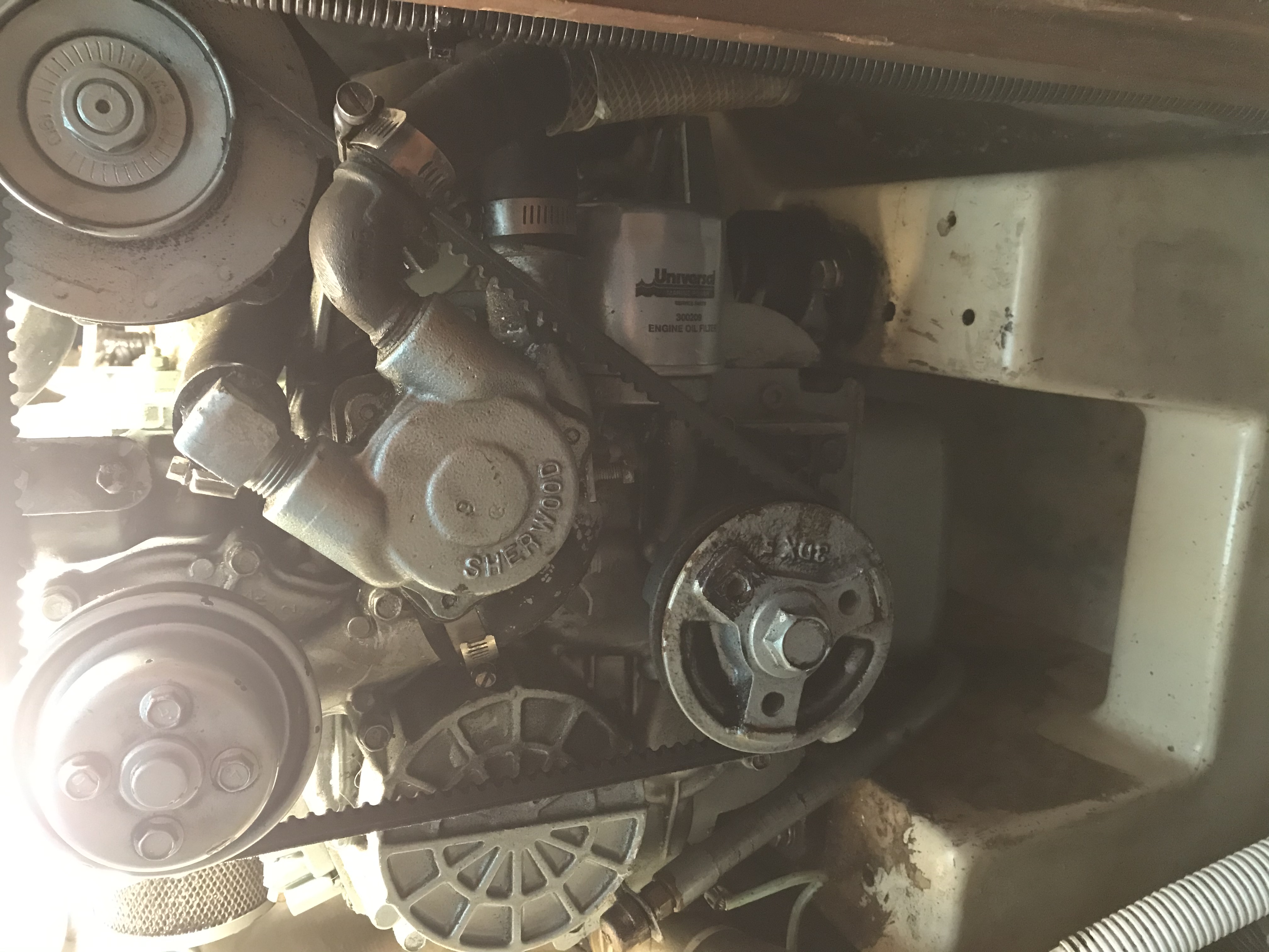 The original equipment Sherwood pump in place. The hex screws are on the aft side of the impeller housing…out of sight and extremely difficult to access.