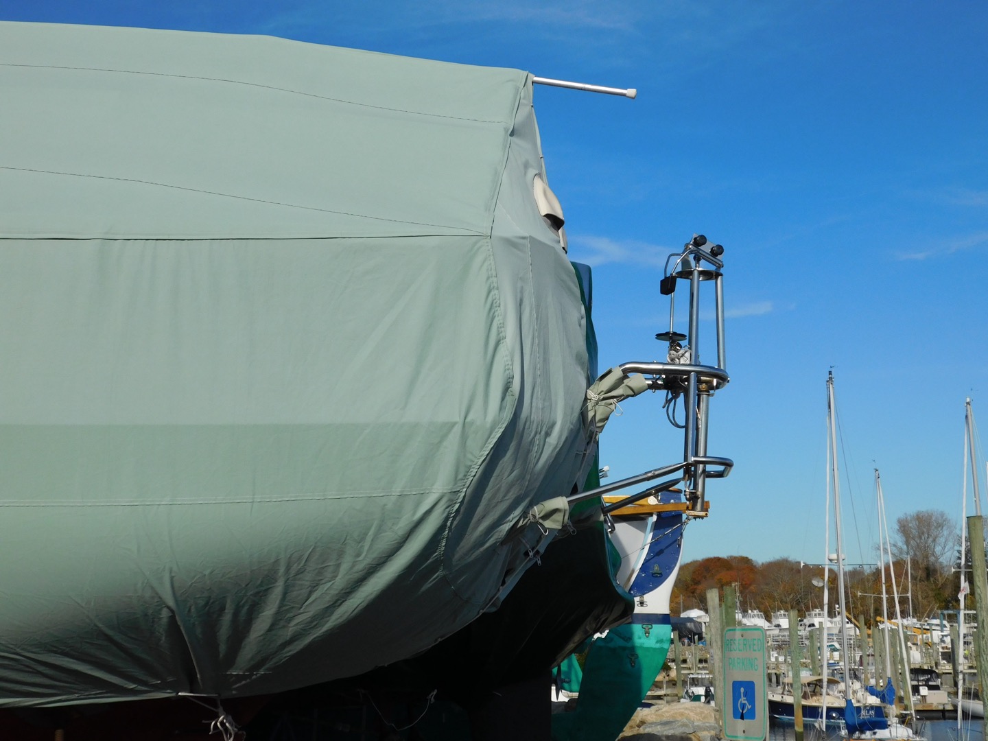 Form fitting winter cover now accommodates wind vane self steering.