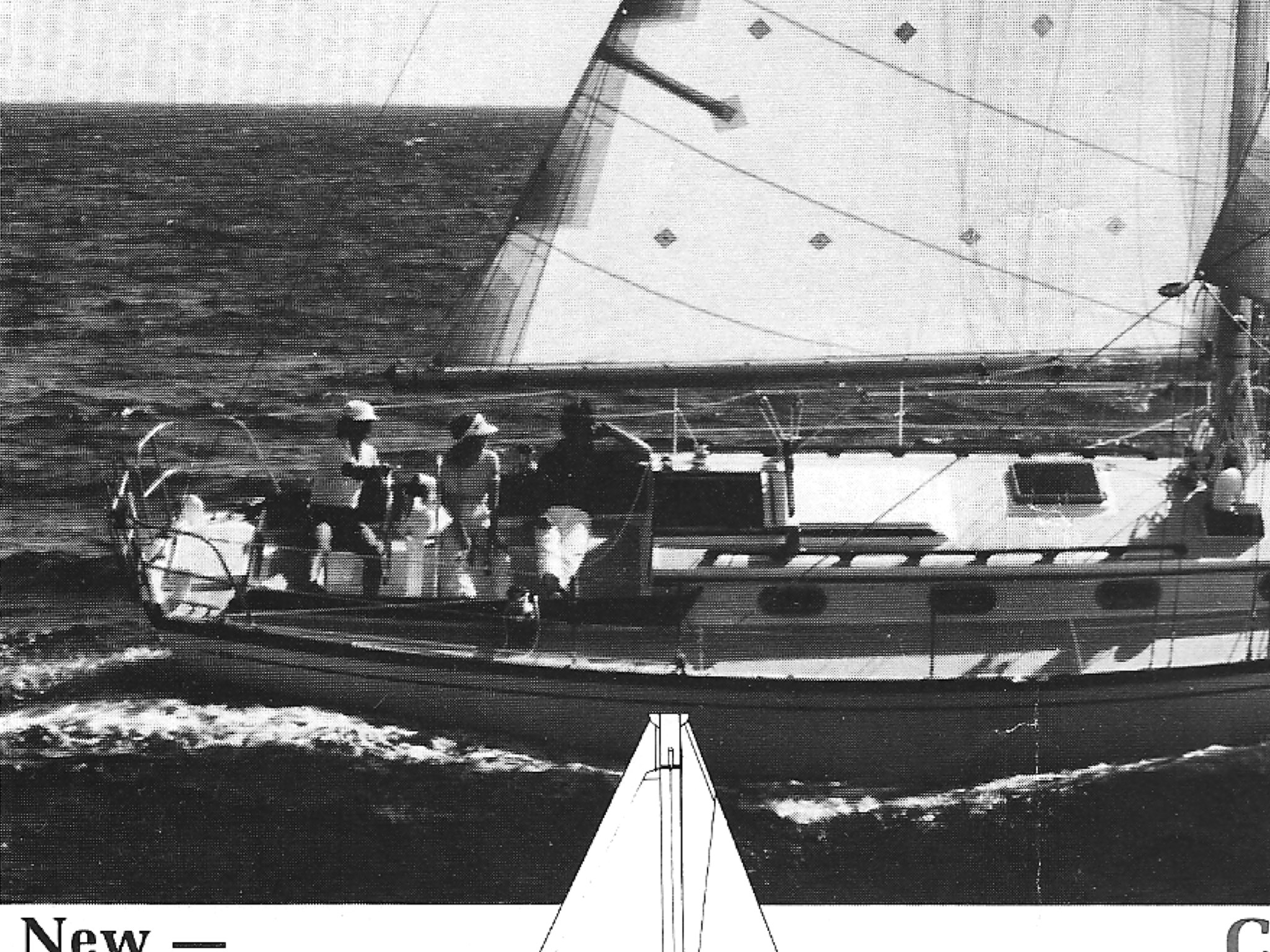 1986 Cape Dory brochure showing the proper use of the turning blocks to ensure a fair lead to the sheet winches.