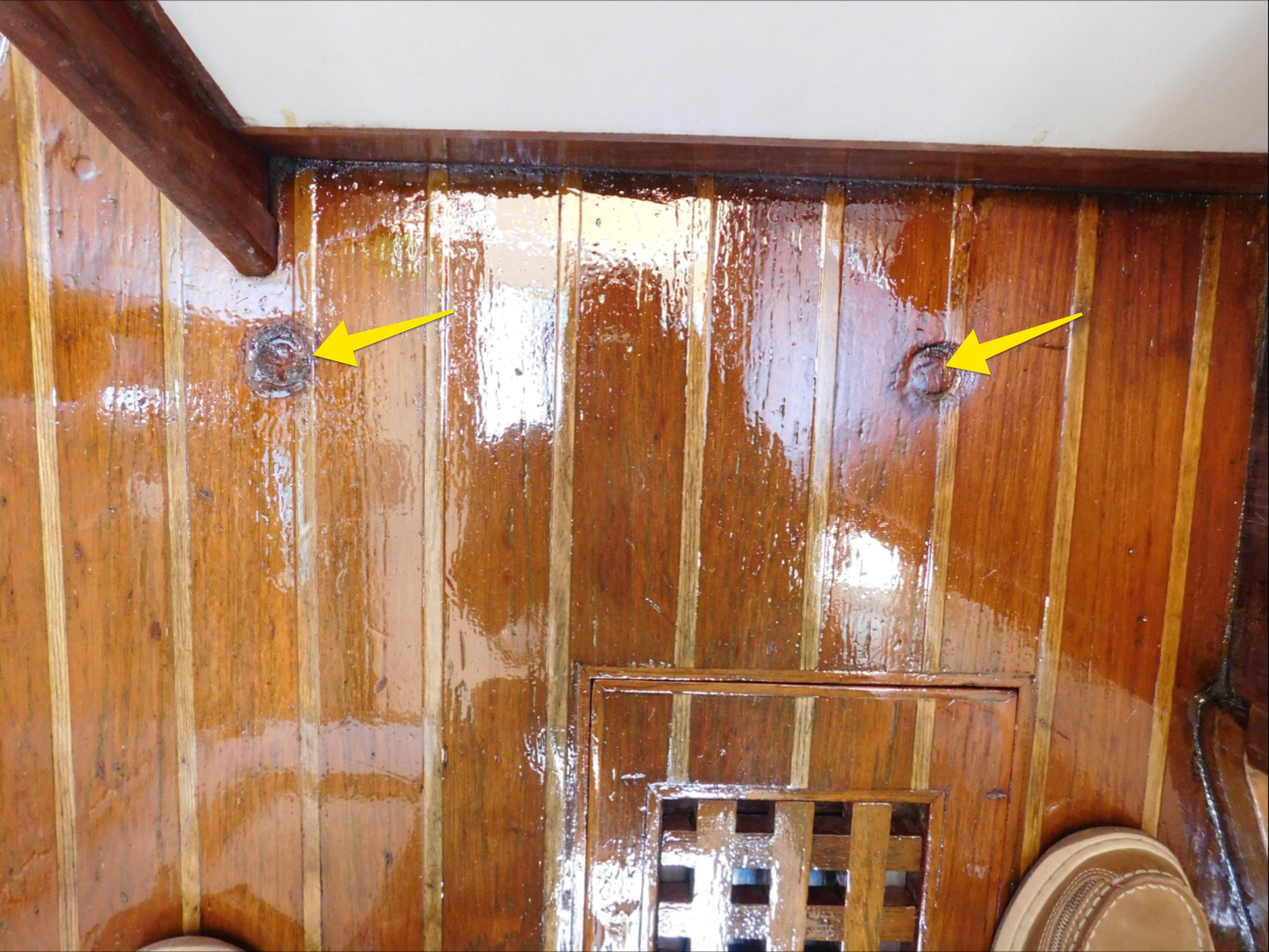 Cabin sole damaged by 32 years of contact with companionway ladders feet