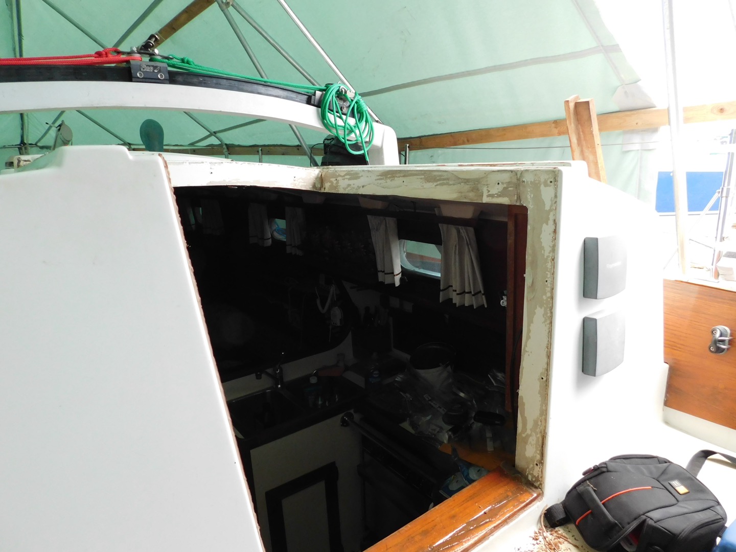Companionway trim removed, threshold still in place