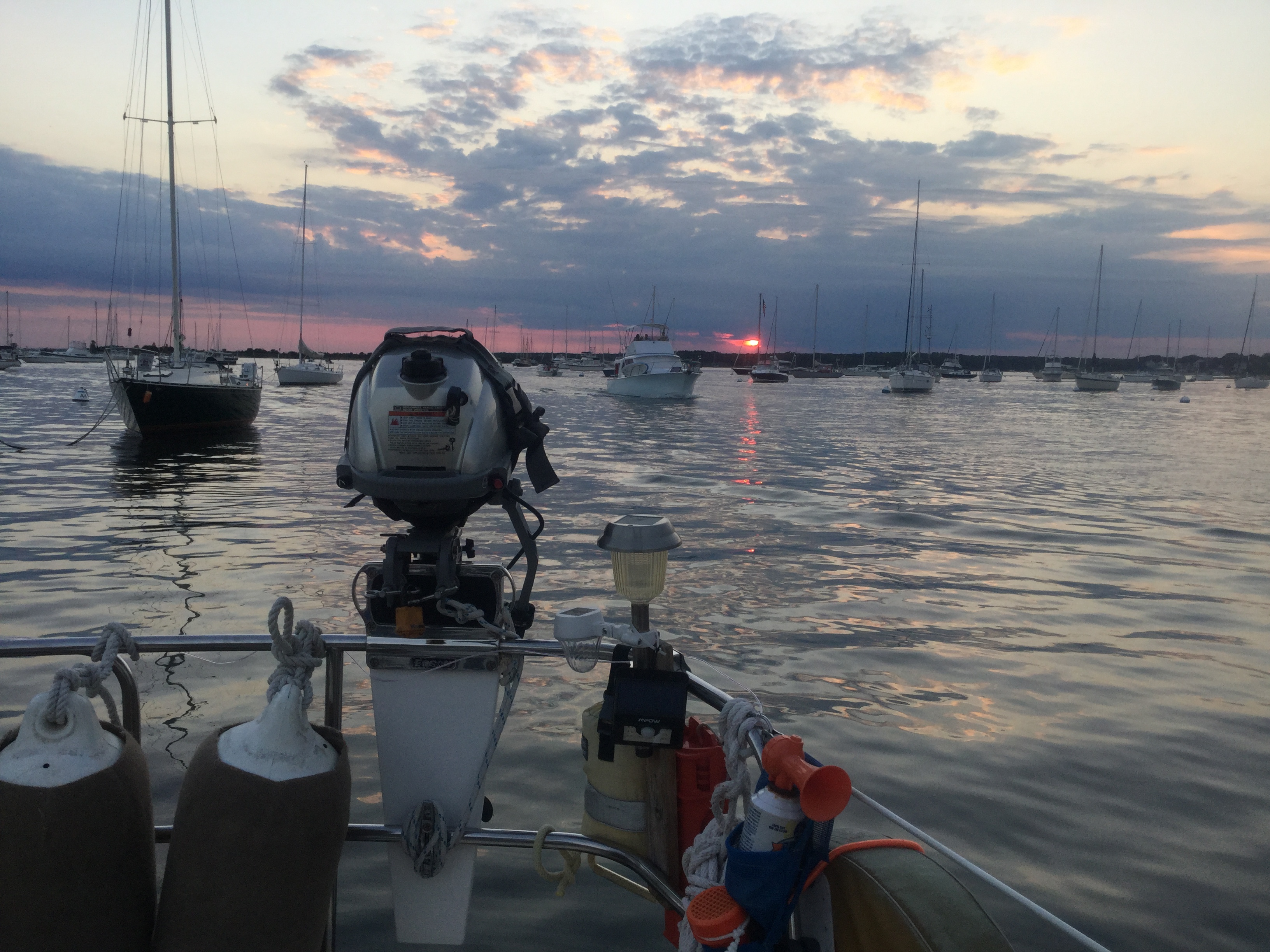 Sunset viewed from Realization’s cockpit, Red Brook Harbor