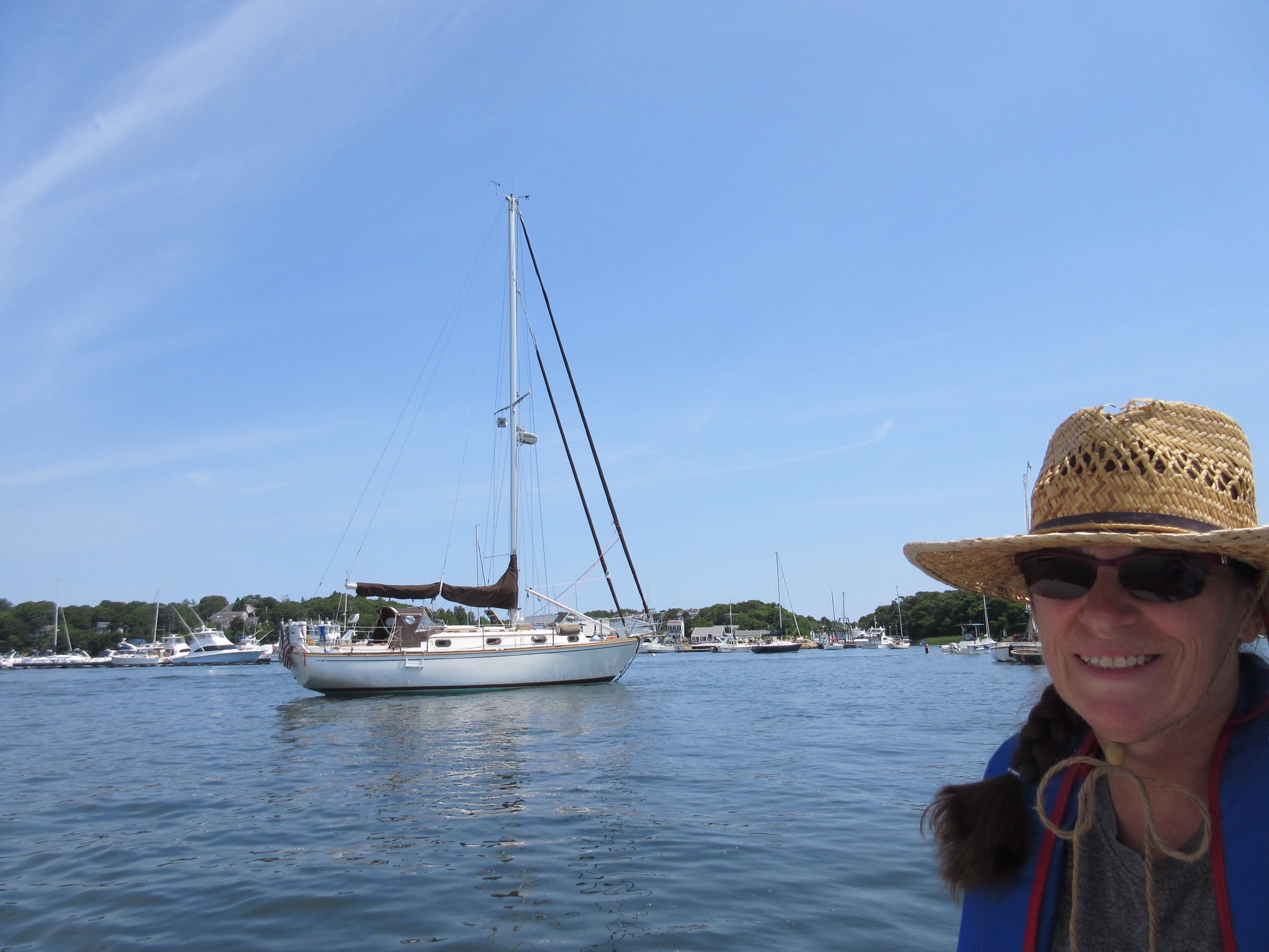 Cathy in the dink, Red Brook Harbor