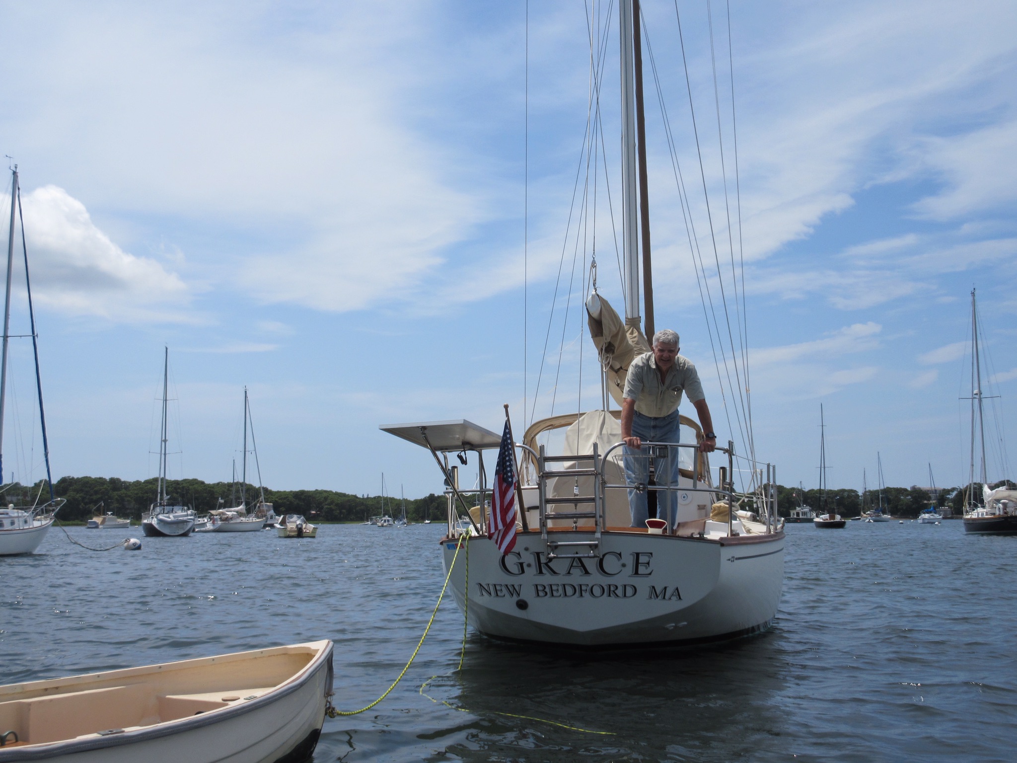 Jean Nuss aboard CD33 Grace, Red Brook Harbor