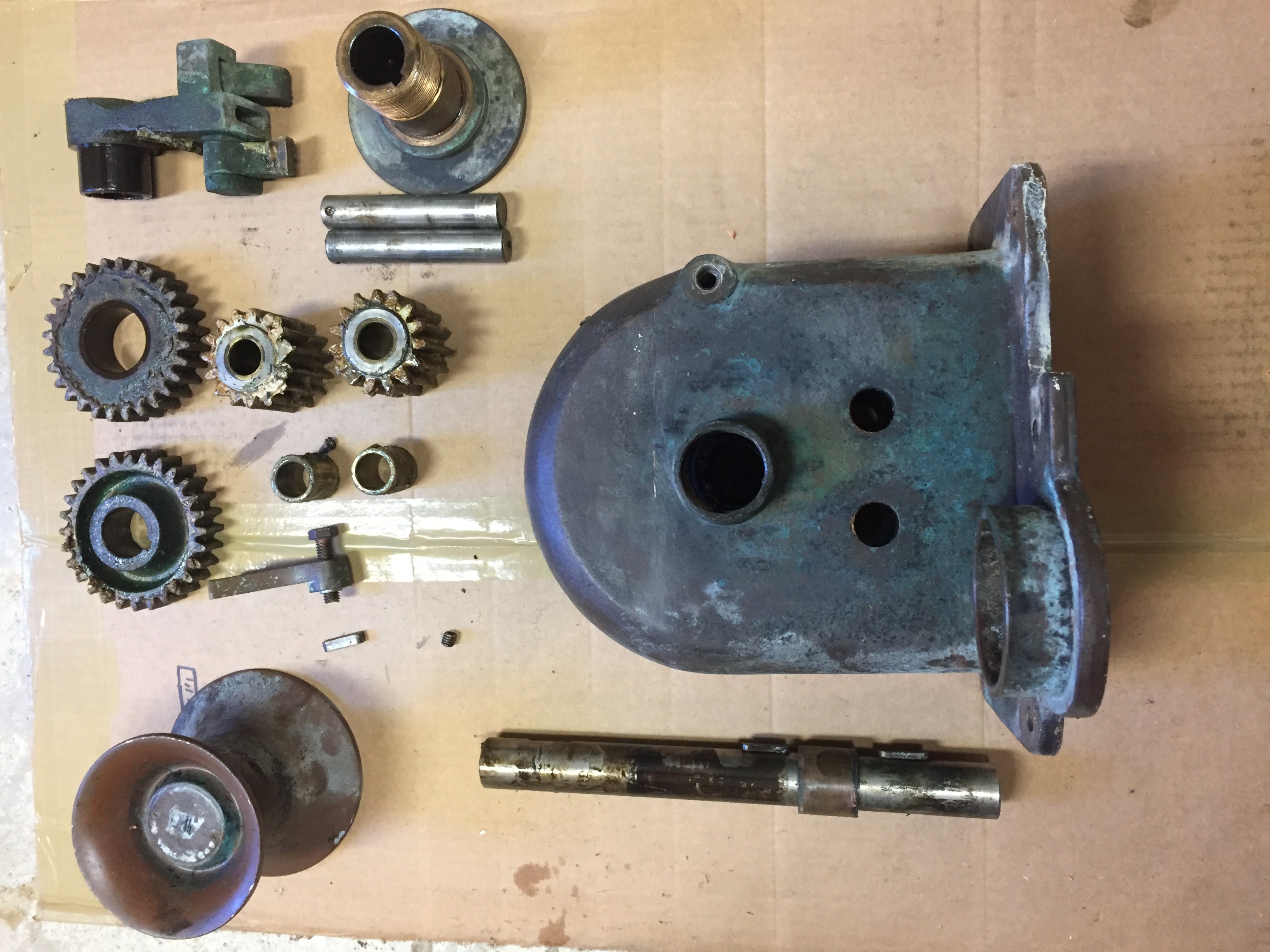 ABI double action bronze windlass disassembled and ready for cleaning.