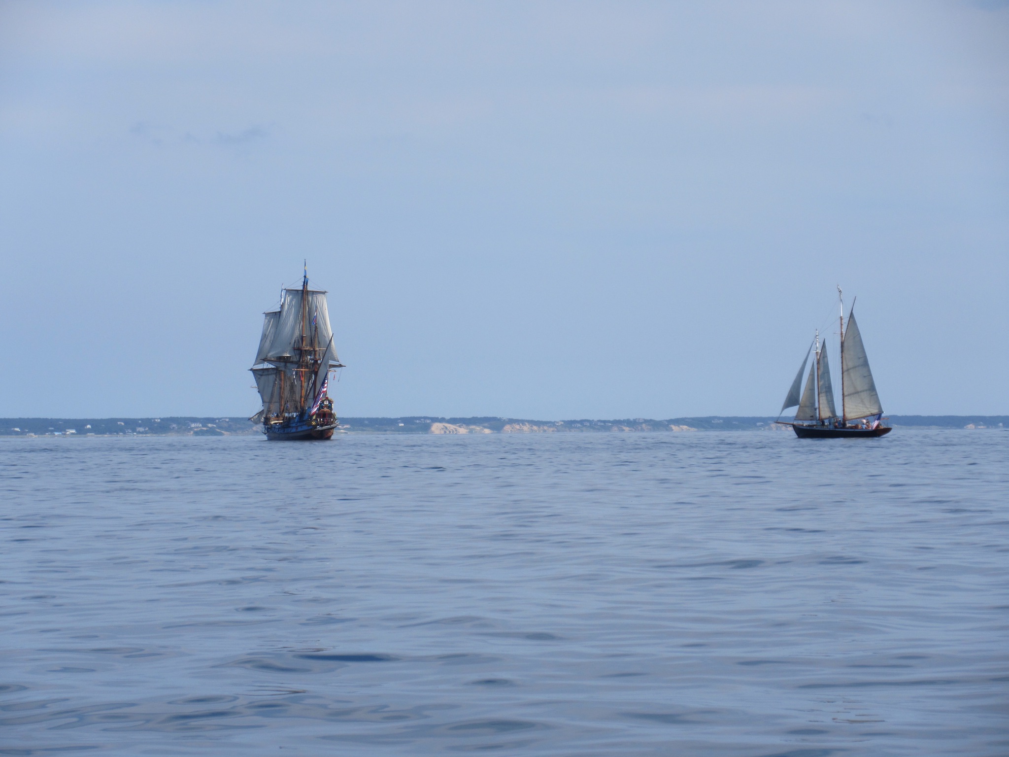 15 Jul 2018.  Left - Kalmar Nyckel.   Right - Schooner Hindu.  Provincetown Harbor, MA.