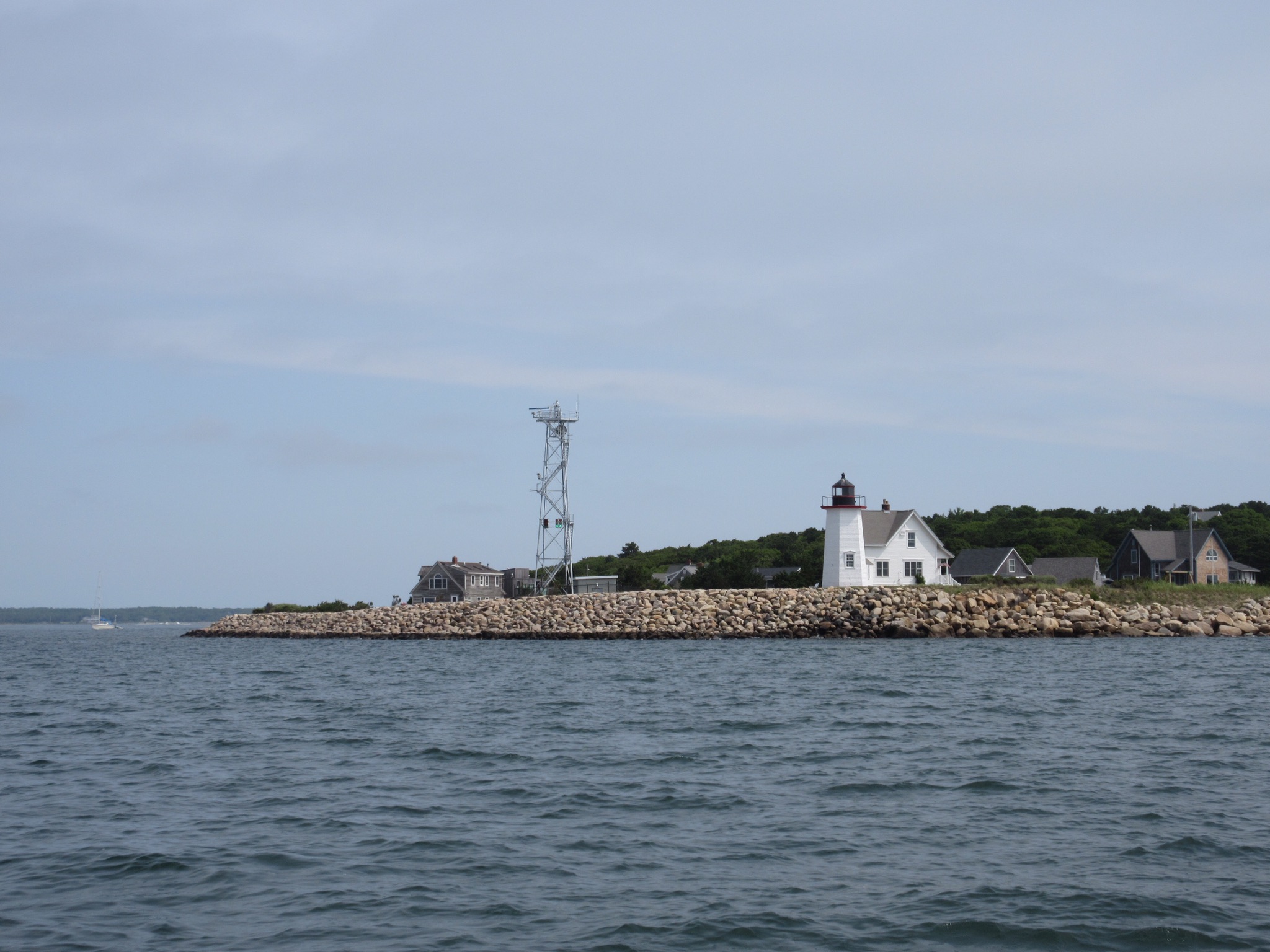 15 Jul 2018.  Approaching the western entrance of the Cape Cod Canal, Buzzards Bay, MA.  Canal traffic control tower left, Wings Neck Light right.