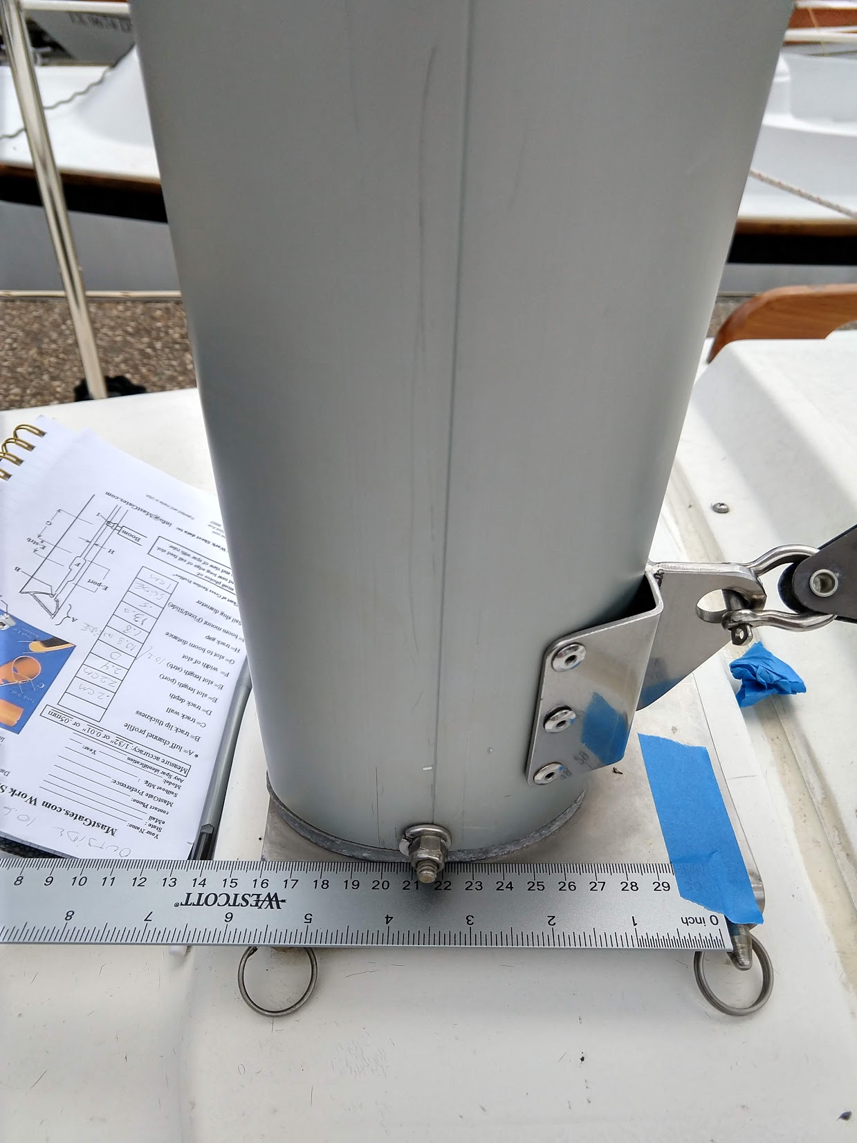 Port side view of mast base on collar and hinge plate